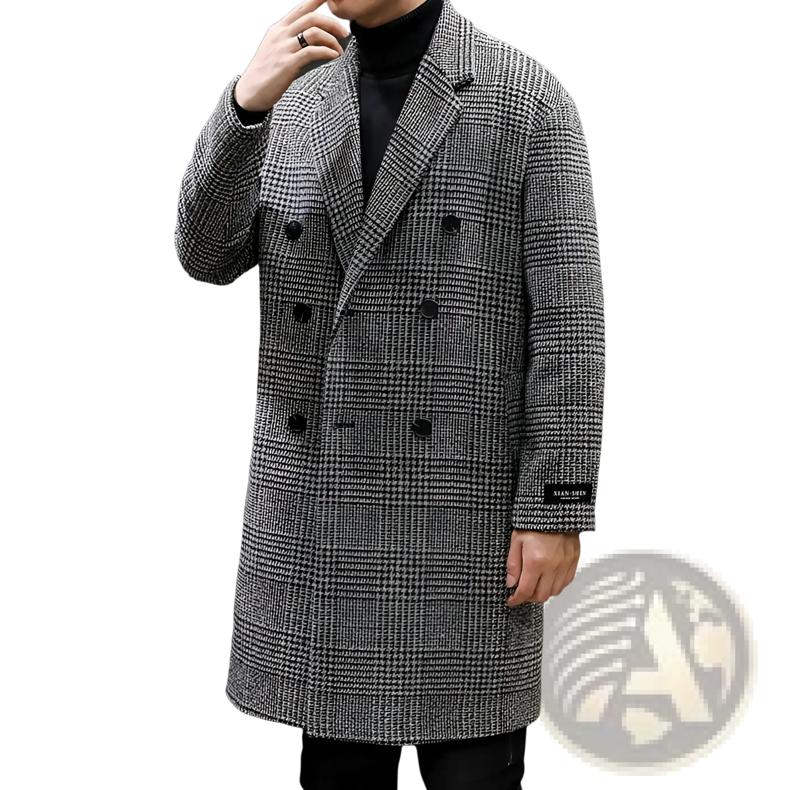 Men houndstooth wool double breasted overcoat in stylish gray and black with a classic tailored design