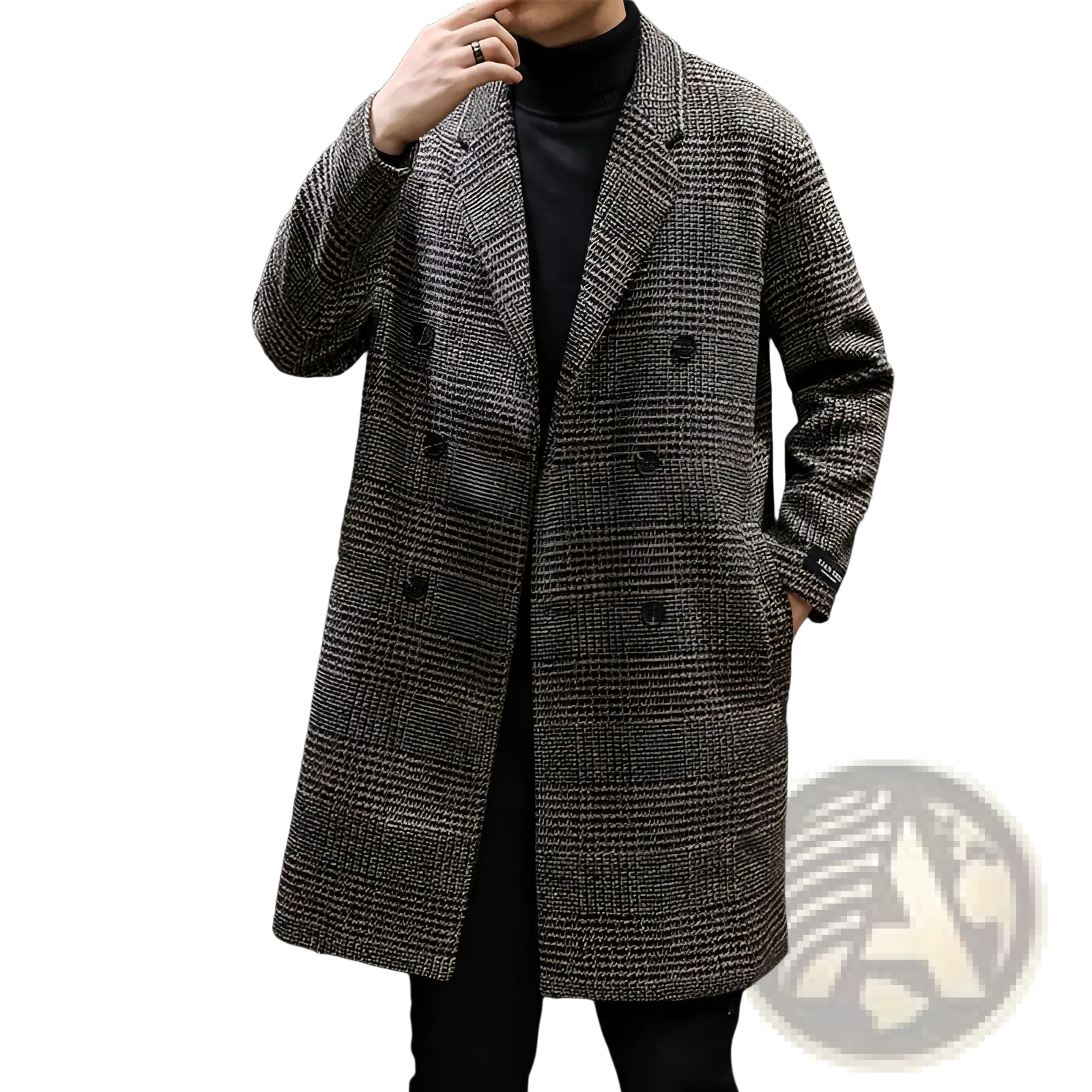 A men houndstooth wool double breasted overcoat in black and gray crafted from textured wool blend fabric