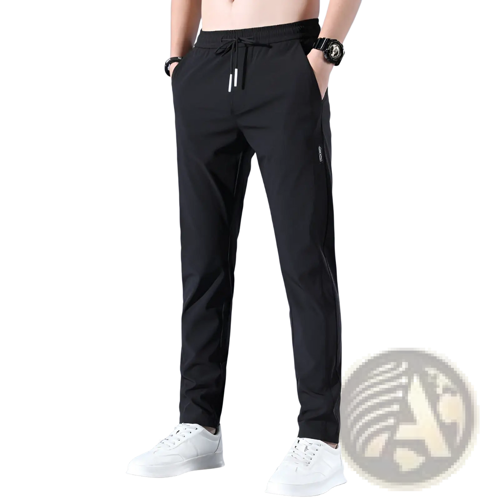 Men ice silk business casual pants in black with a drawstring waist and subtle white piping along side seams