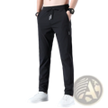 Men ice silk business casual pants in black with a drawstring waist and subtle white piping along side seams