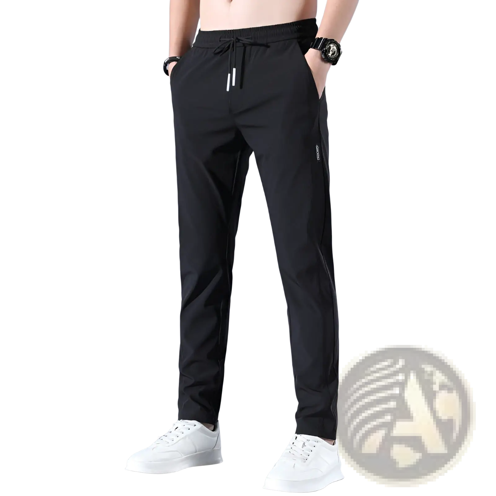 Men ice silk business casual pants in black with a drawstring waist and subtle white piping along side seams