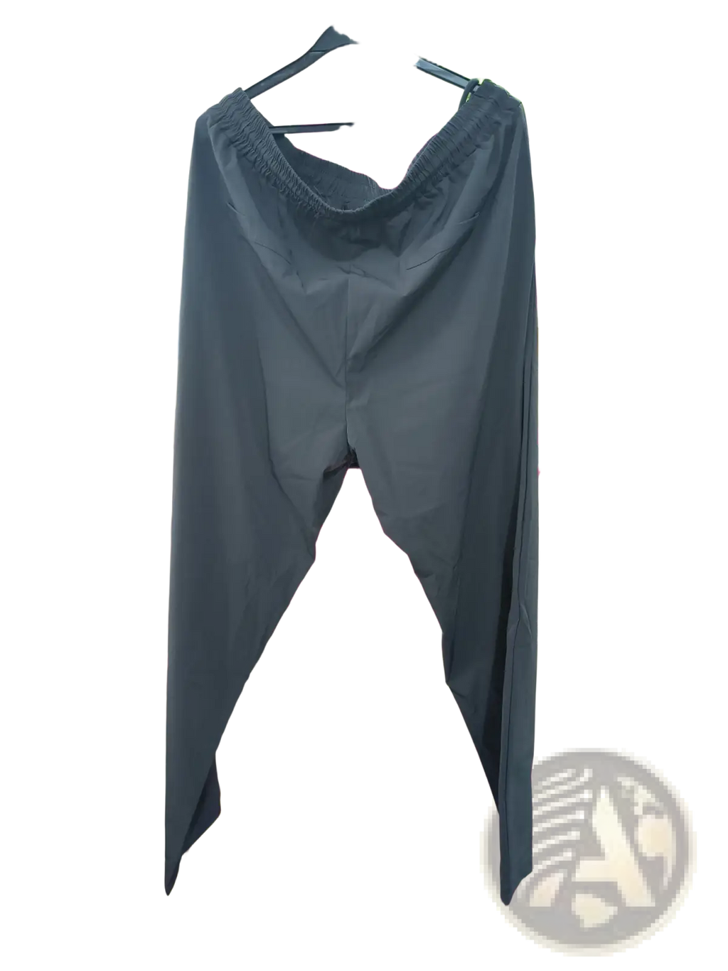 Men ice silk business casual pants in dark gray lightweight fabric with elastic waistband hanging on a black hanger