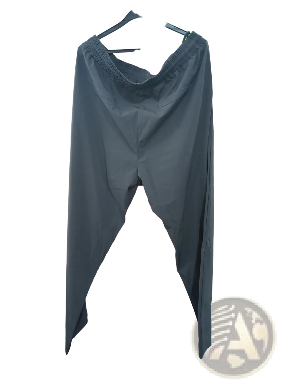 Men ice silk business casual pants in dark gray lightweight fabric with elastic waistband hanging on a black hanger