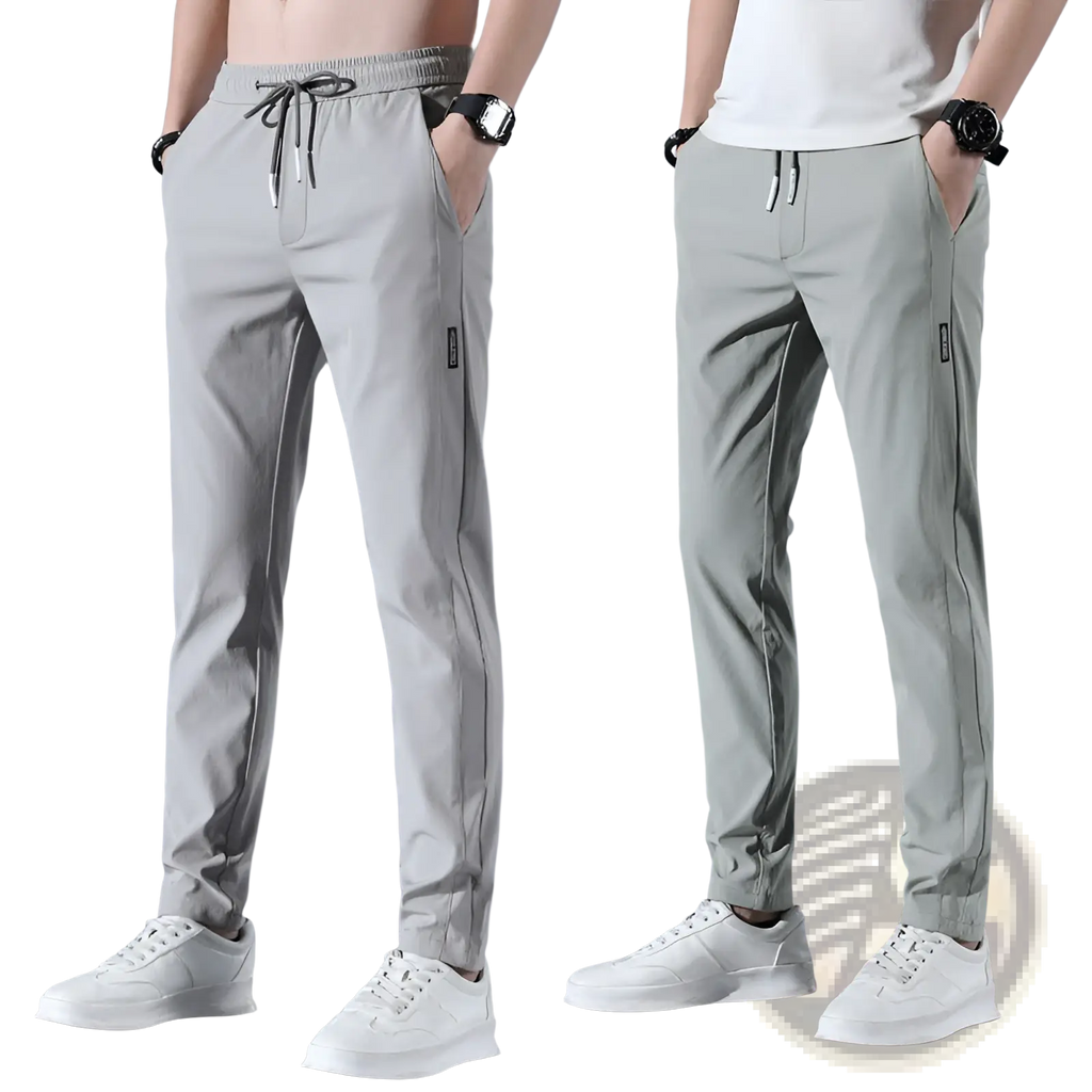 Men ice silk business casual light gray slim-fit jogger pants with drawstring waist and side pockets