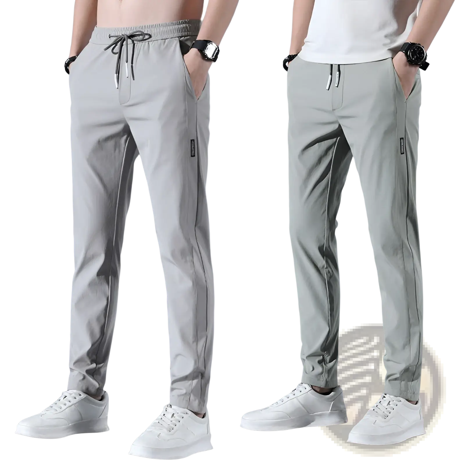 Men ice silk business casual light gray slim-fit jogger pants with drawstring waist and side pockets