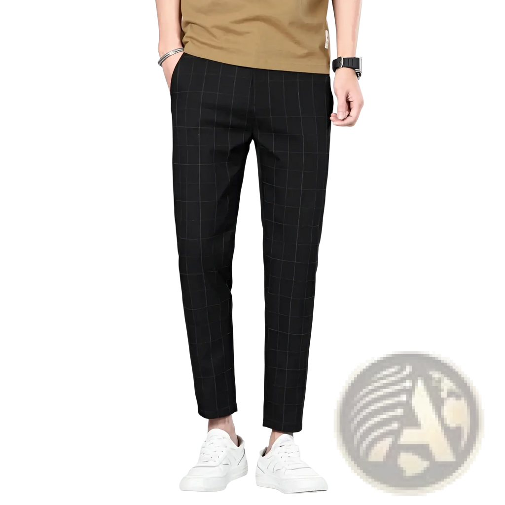Men ice silk business suit pants in black with a subtle white grid pattern made of smooth lightweight fabric