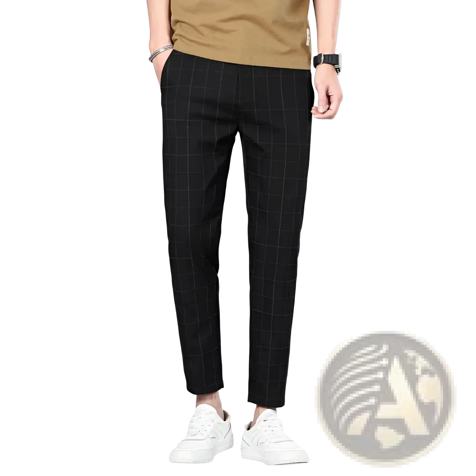 Men ice silk business suit pants in black with a subtle white grid pattern made of smooth lightweight fabric