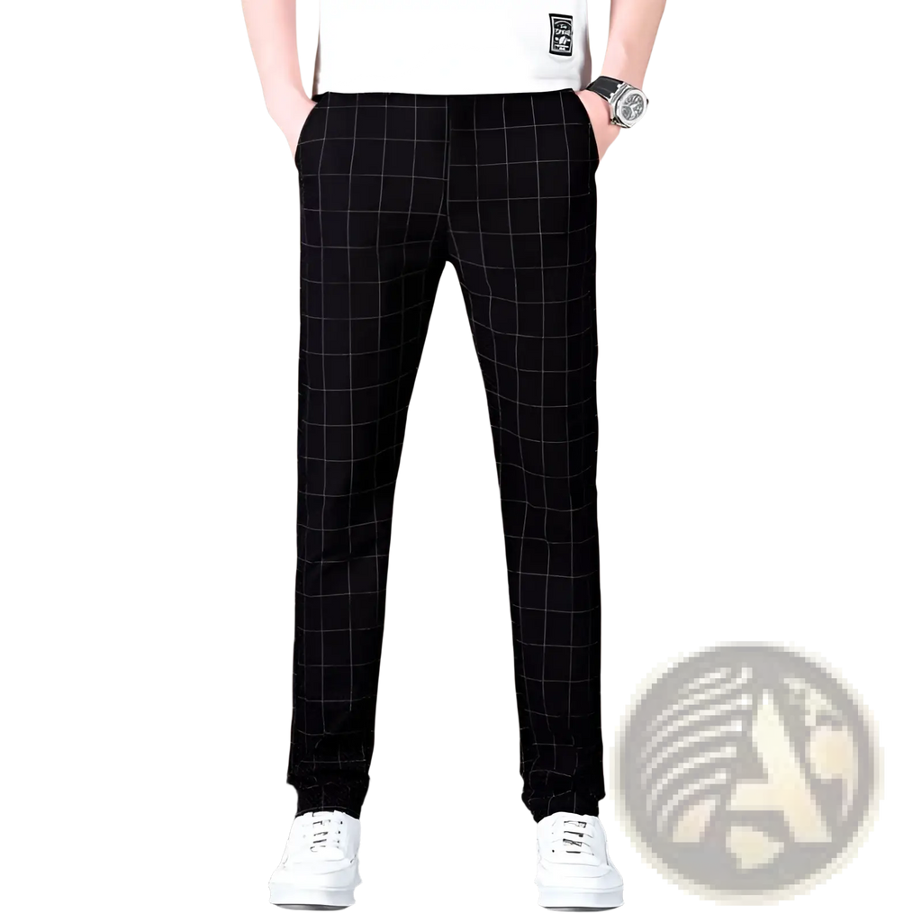 Black ice silk business suit trousers with a subtle white grid pattern in smooth fabric for casual wear