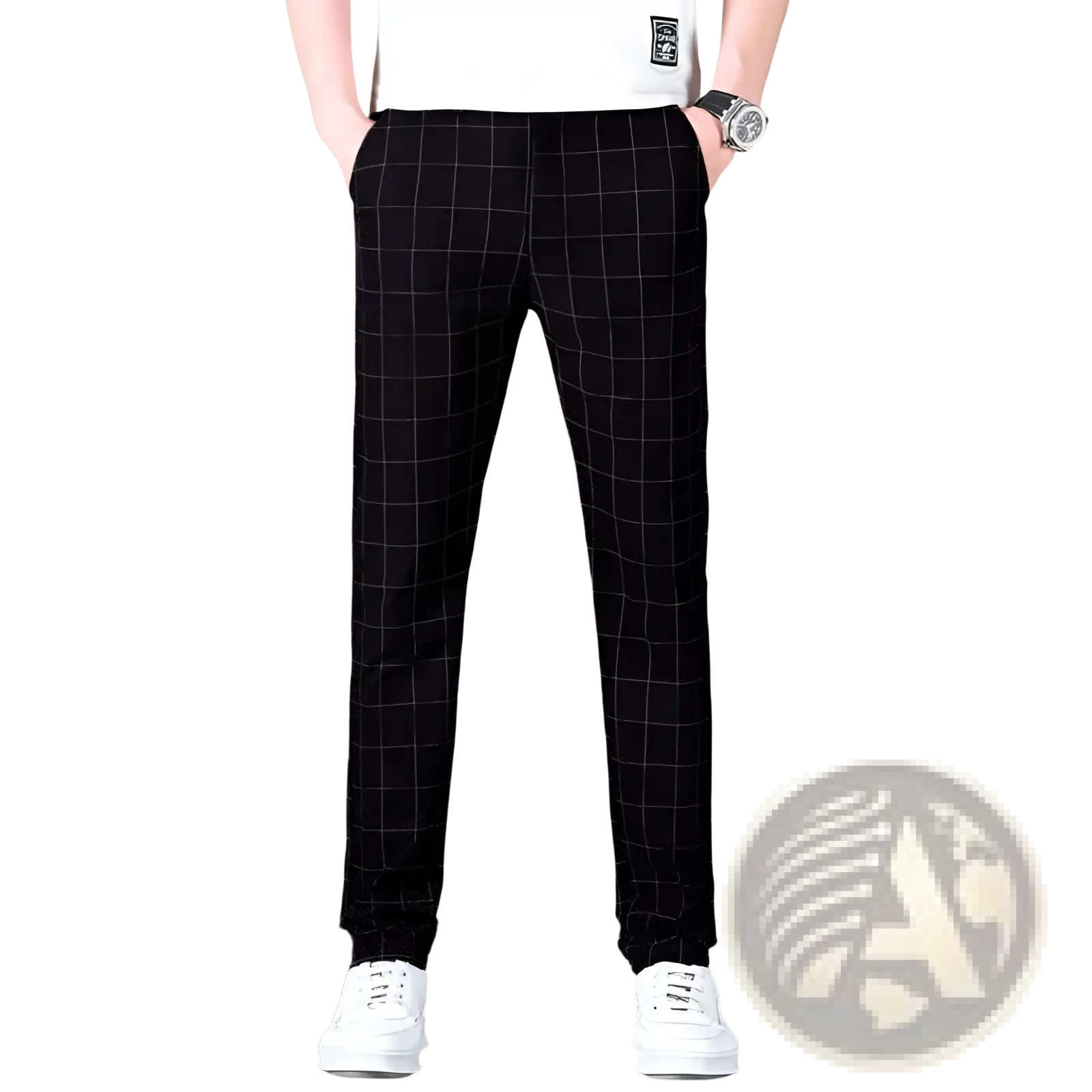 Black ice silk business suit trousers with a subtle white grid pattern in smooth fabric for casual wear
