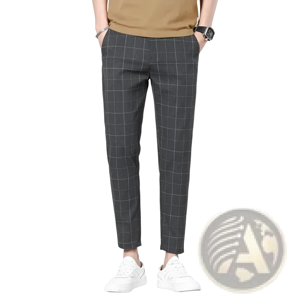 Men ice silk business suit pants dark gray with subtle white grid pattern made from smooth lightweight fabric