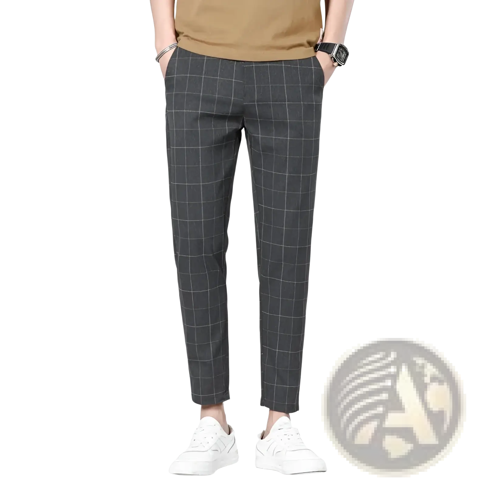 Men ice silk business suit pants dark gray with subtle white grid pattern made from smooth lightweight fabric