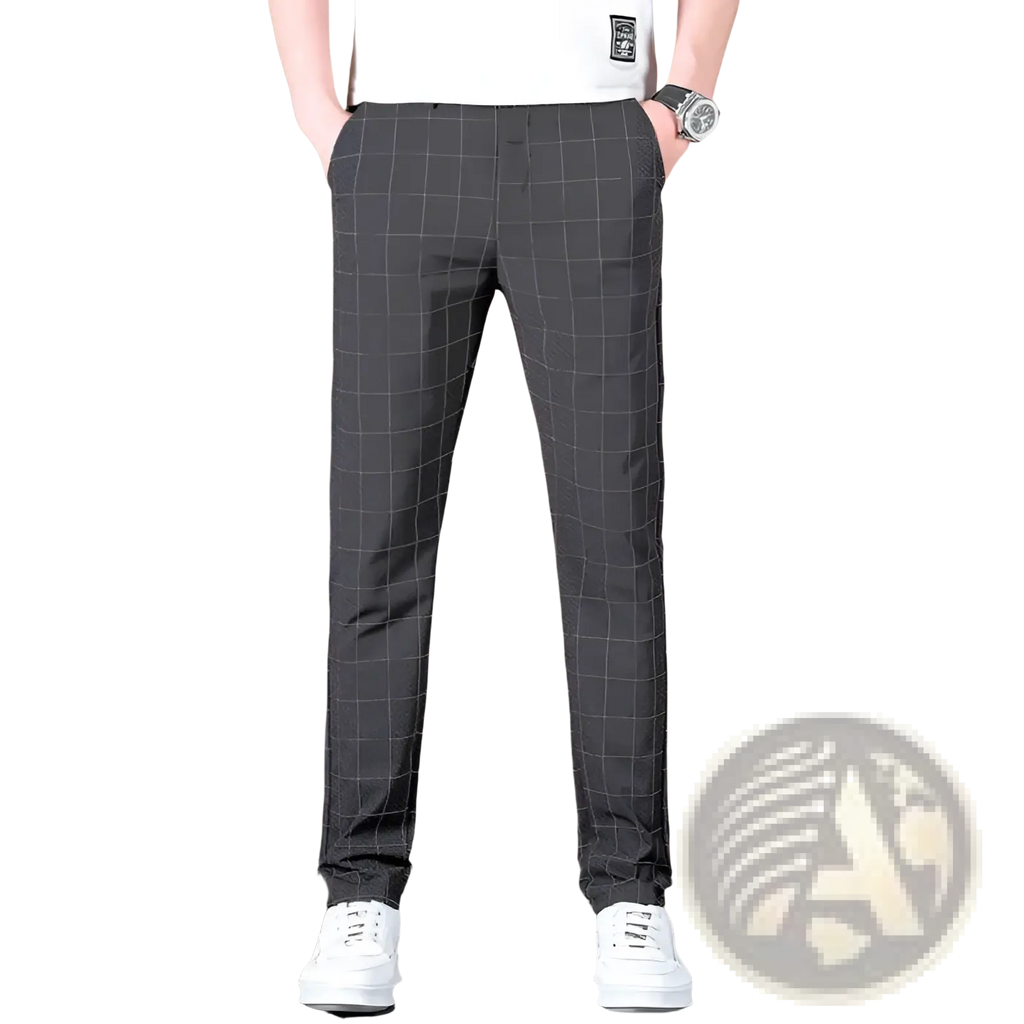 Men ice silk business suit pants in dark gray with a subtle white grid pattern made of smooth fabric