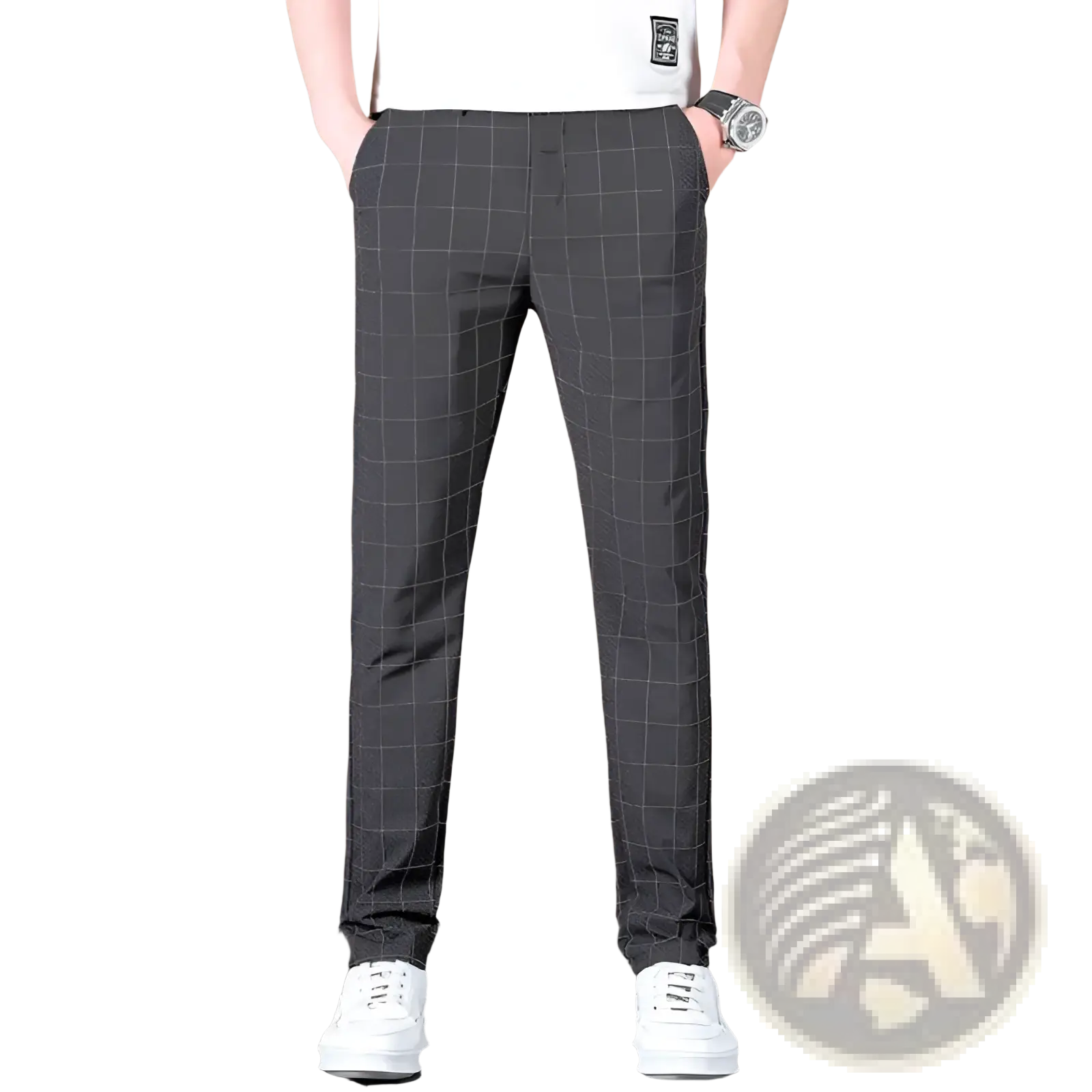 Men ice silk business suit pants in dark gray with a subtle white grid pattern made of smooth fabric