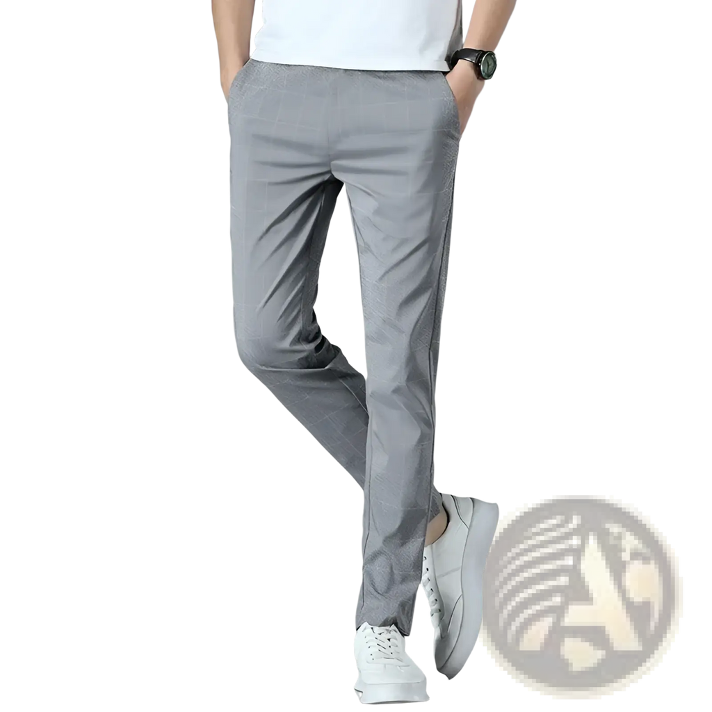 Gray checkered men ice silk business suit pants with slim fit and subtle texture for casual wear