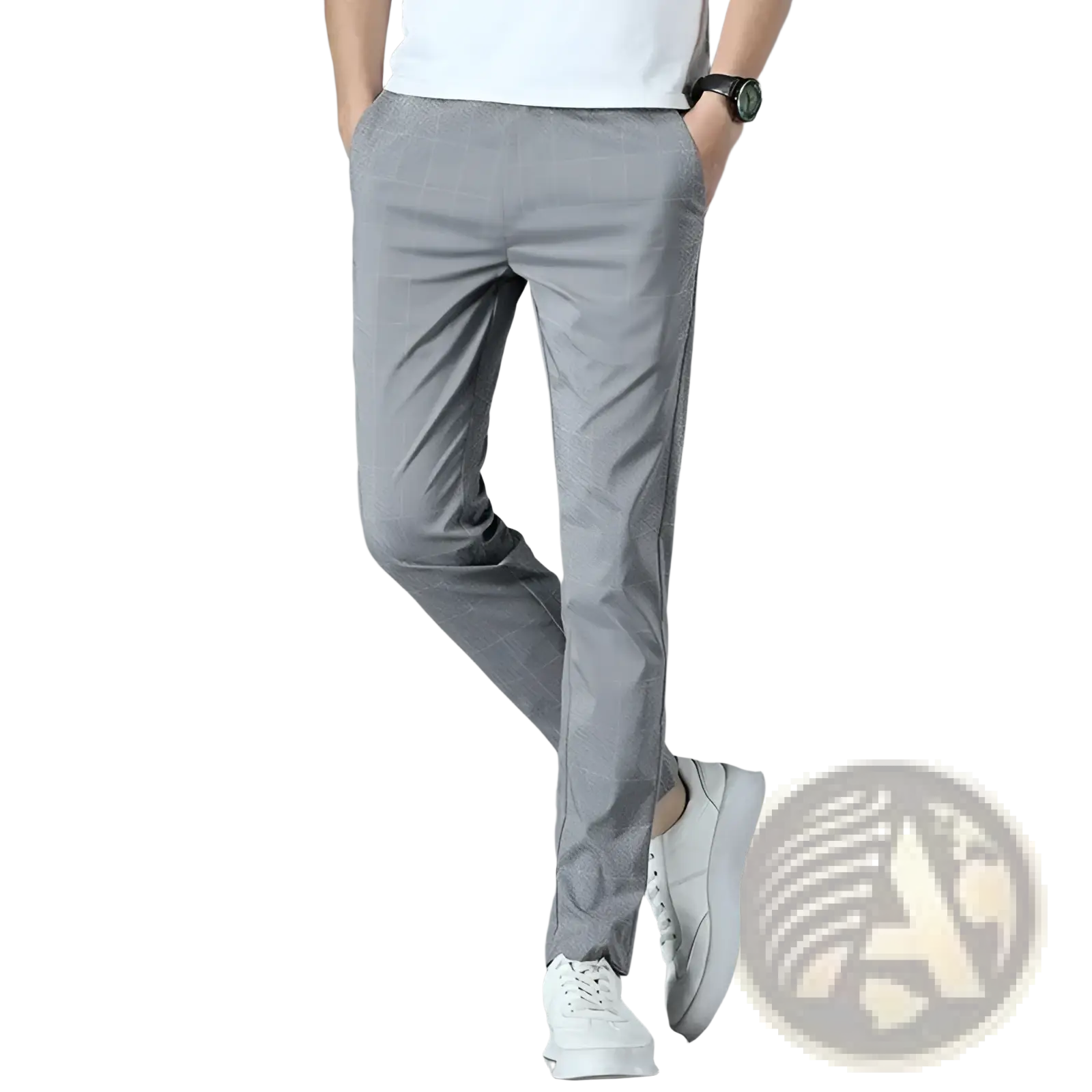 Gray checkered men ice silk business suit pants with slim fit and subtle texture for casual wear
