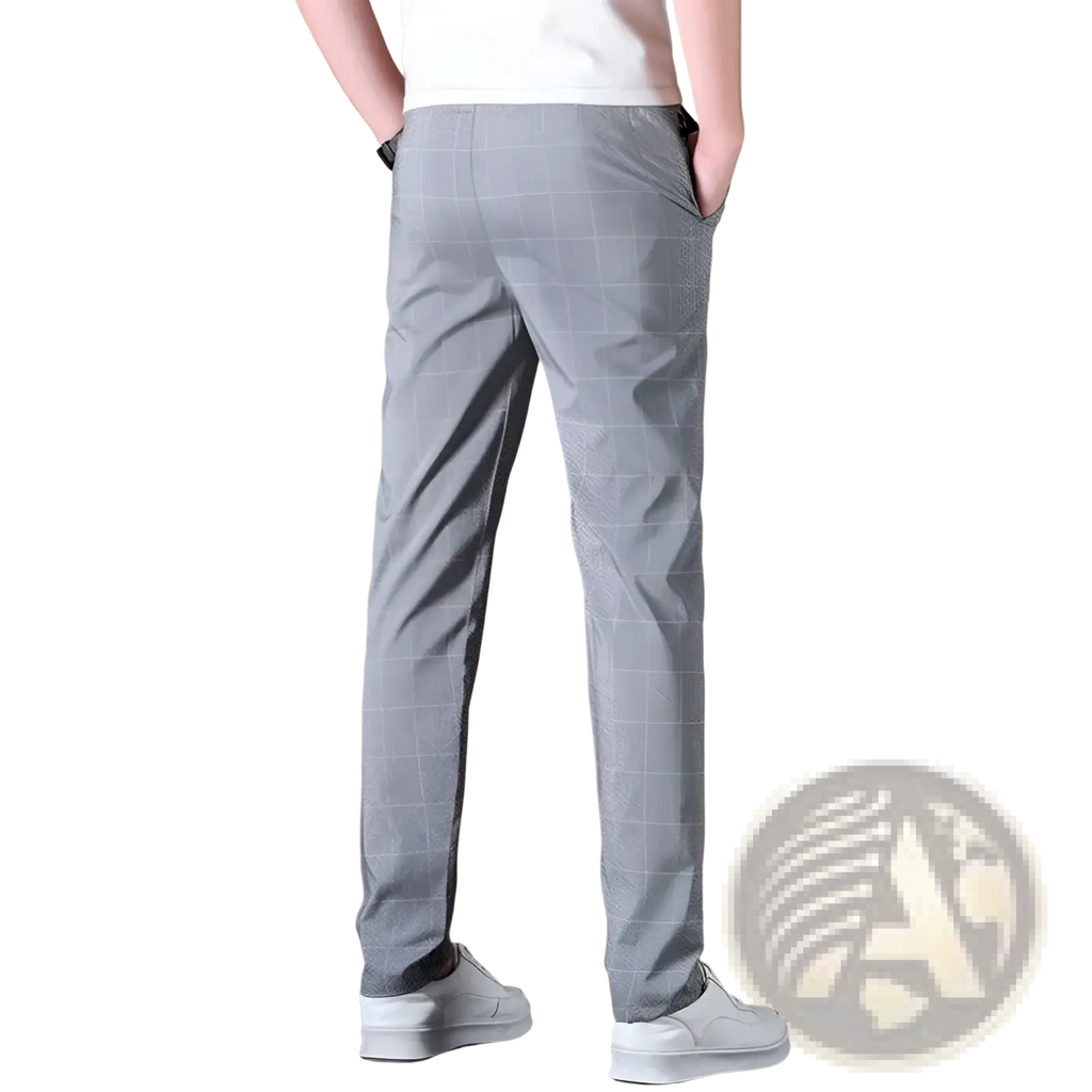 Gray checkered men ice silk business suit pants with slim fit and subtle texture for casual and formal wear