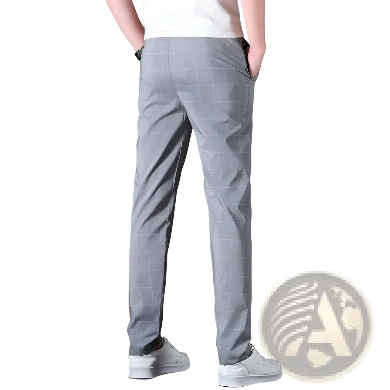 Gray checkered men ice silk business suit pants with slim fit and subtle texture for casual and formal wear