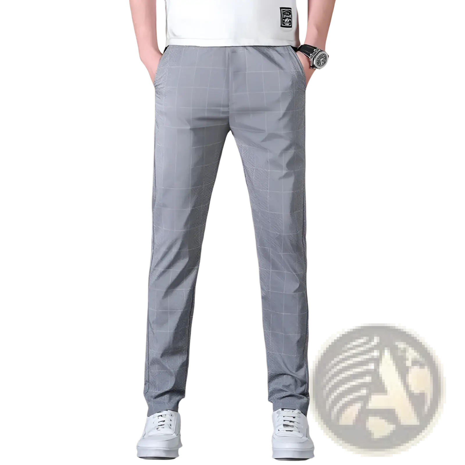 Gray checkered slim fit men ice silk business suit pants made of lightweight fabric for casual wear