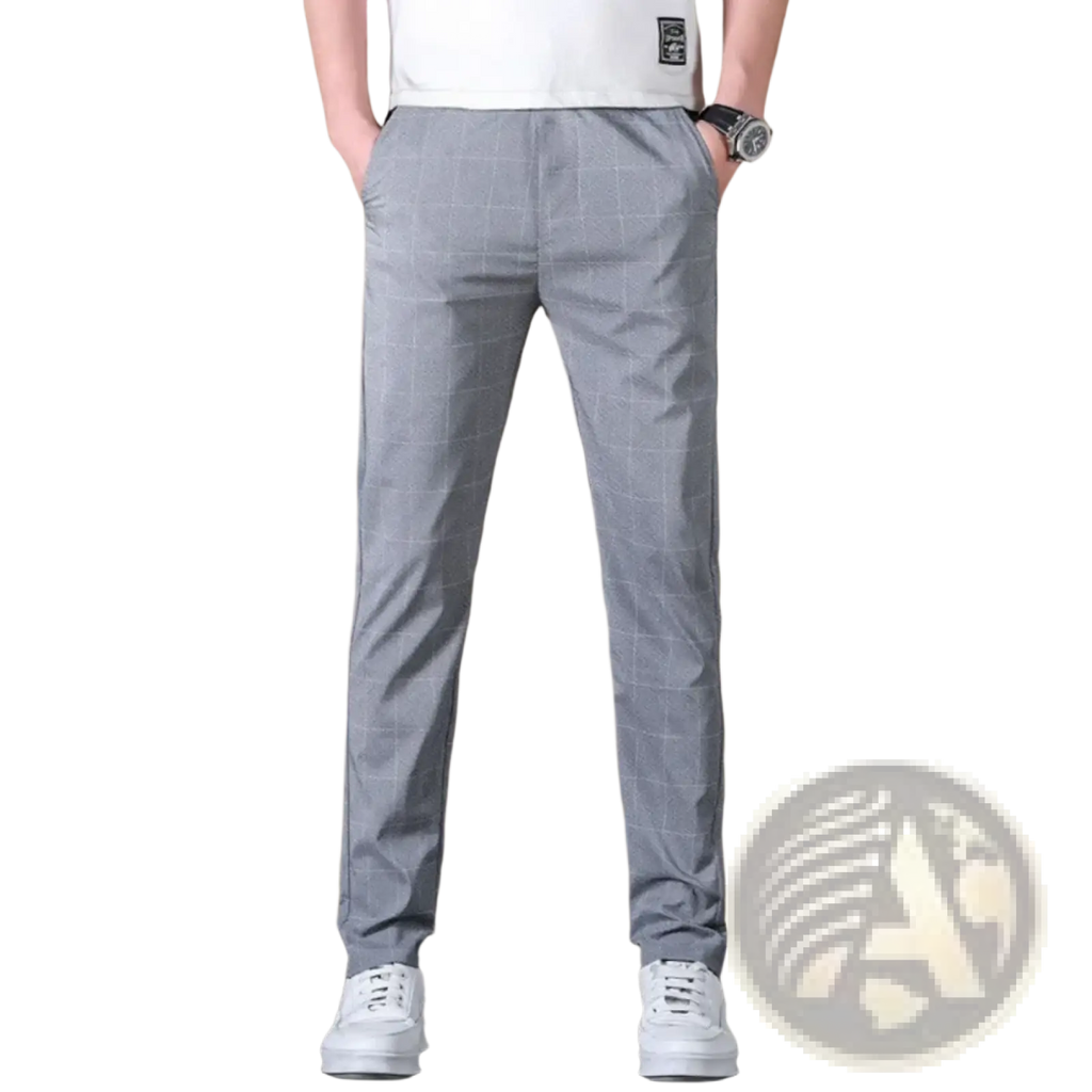 Men ice silk business suit pants slim fit gray checkered trousers with subtle white grid pattern for casual wear