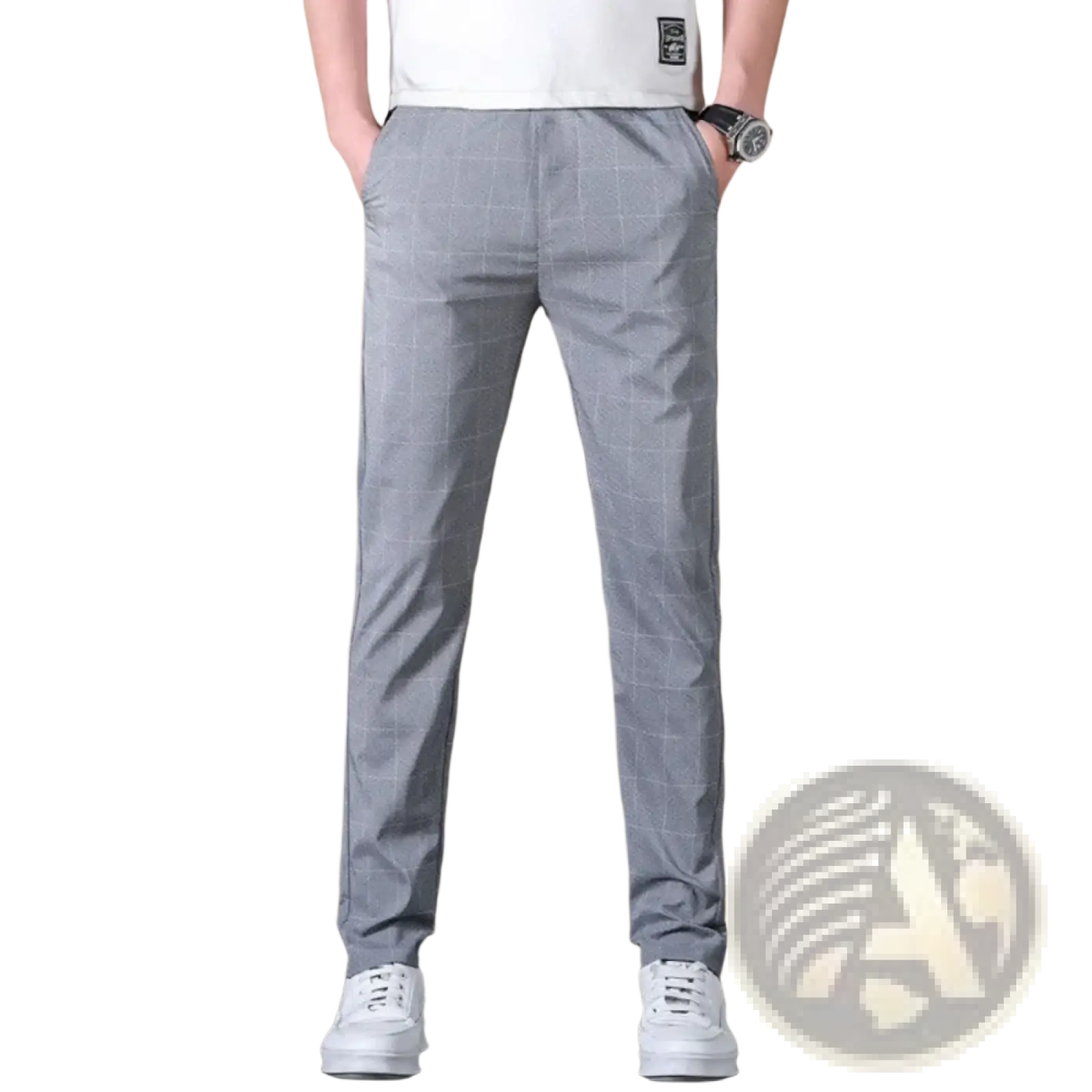 Men ice silk business suit pants slim fit gray checkered trousers with subtle white grid pattern for casual wear