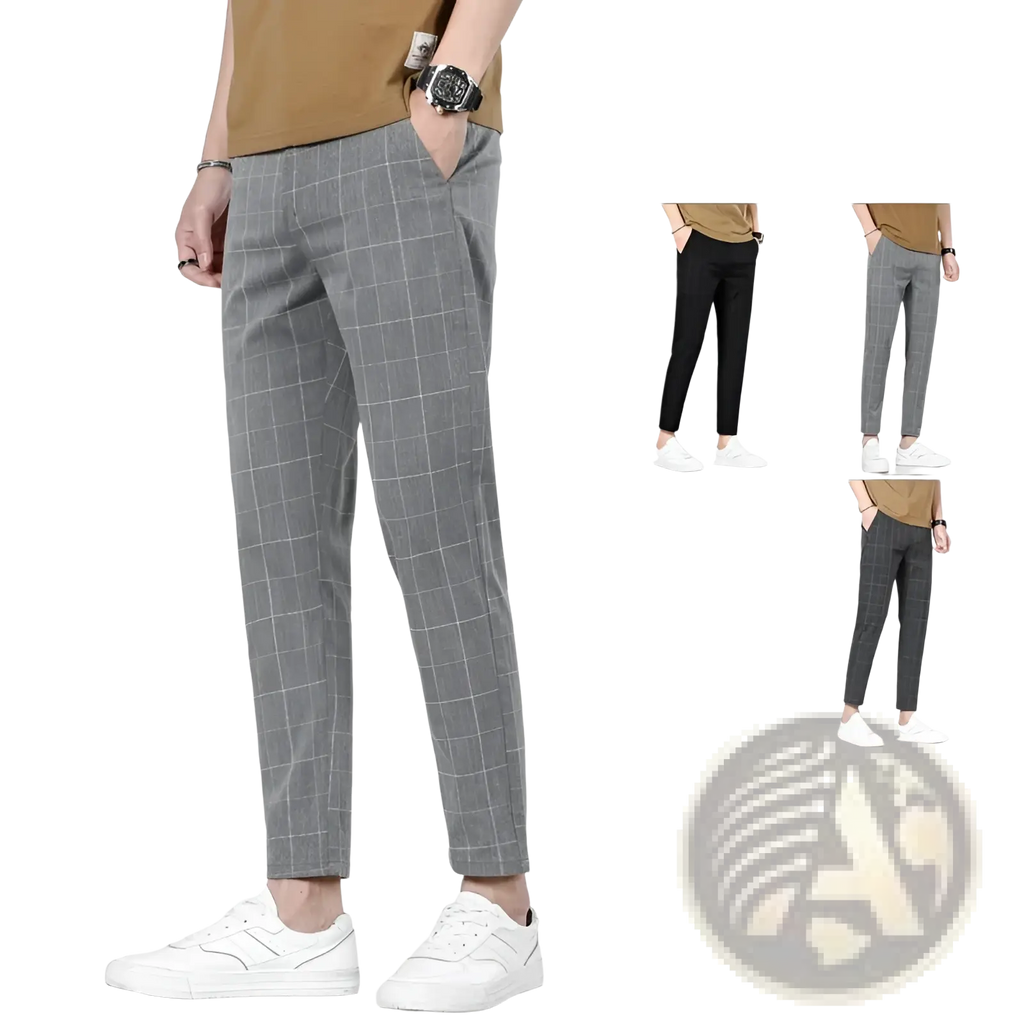 Gray plaid slim fit tapered men ice silk business suit pants suitable for casual and formal wear