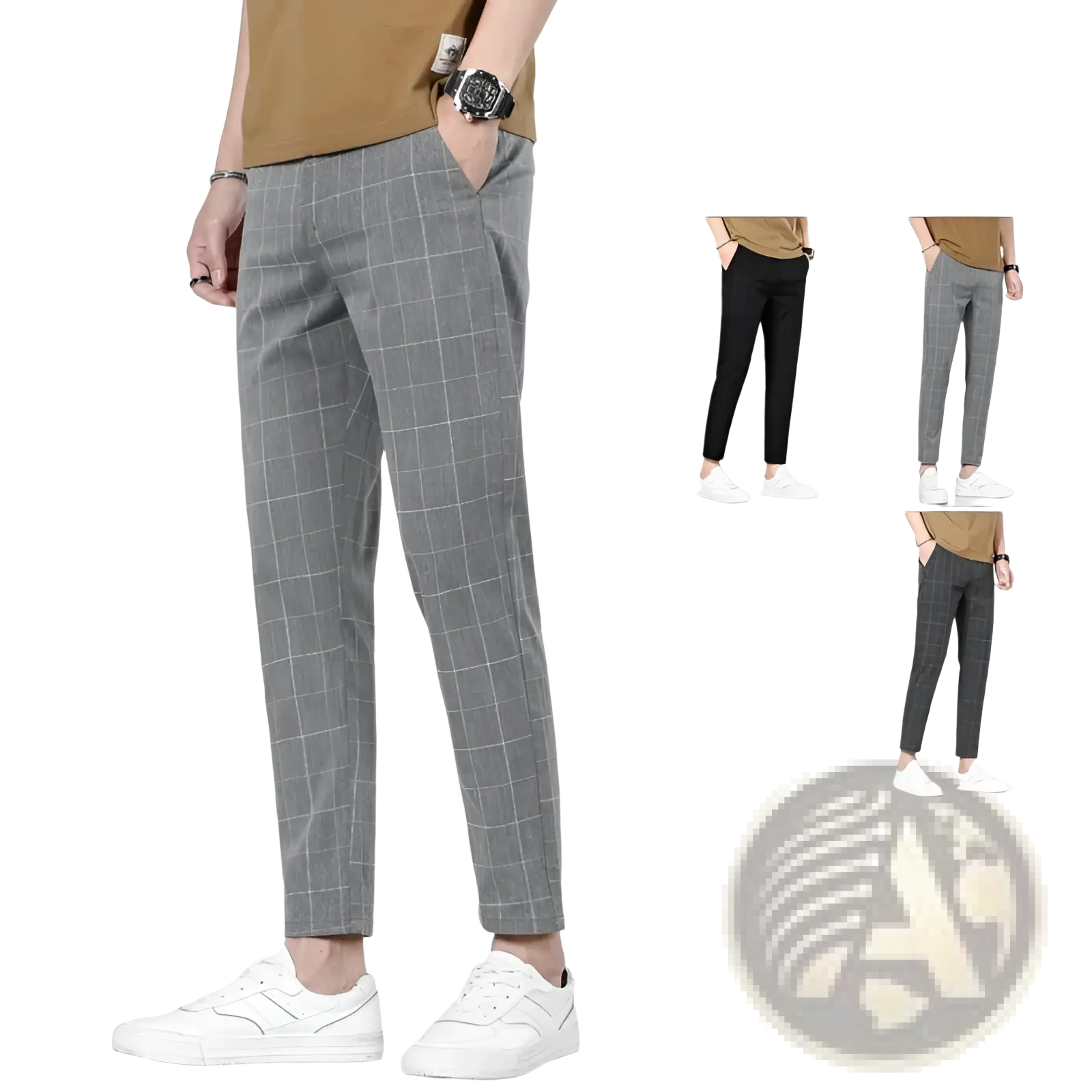 Gray plaid slim fit tapered men ice silk business suit pants suitable for casual and formal wear