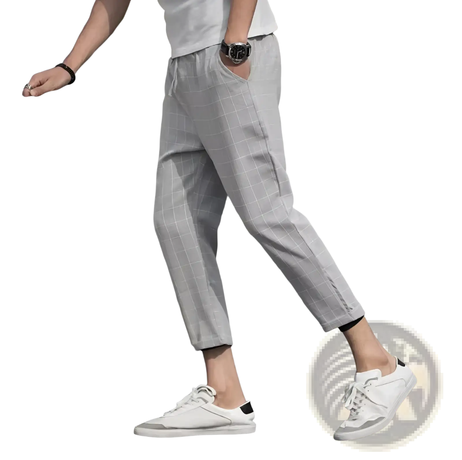 Men ice silk business suit trousers light gray checkered cotton with rolled cuffs and subtle side stripe detail