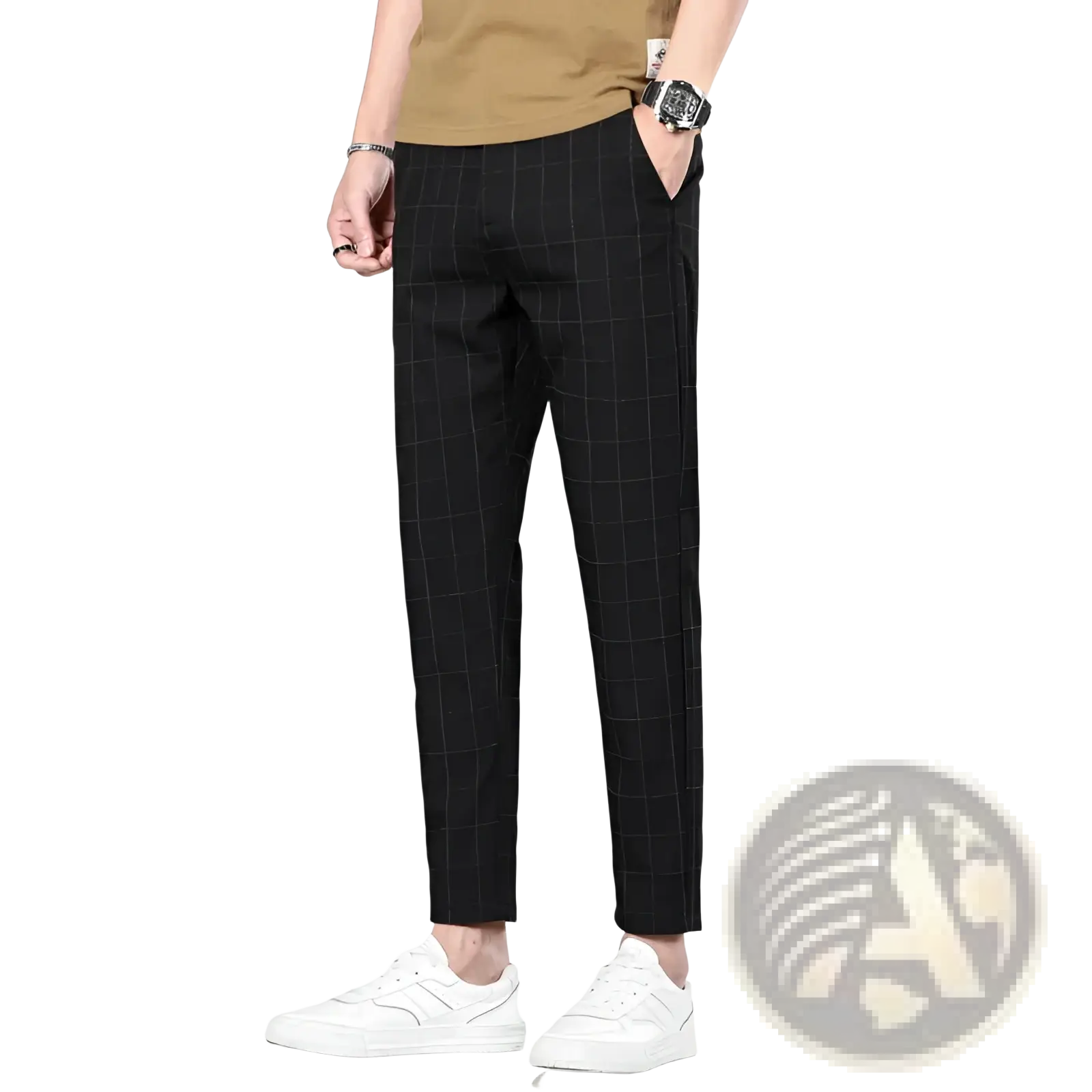 Men ice silk business suit pants black with subtle white grid pattern made of smooth lightweight fabric for casual wear