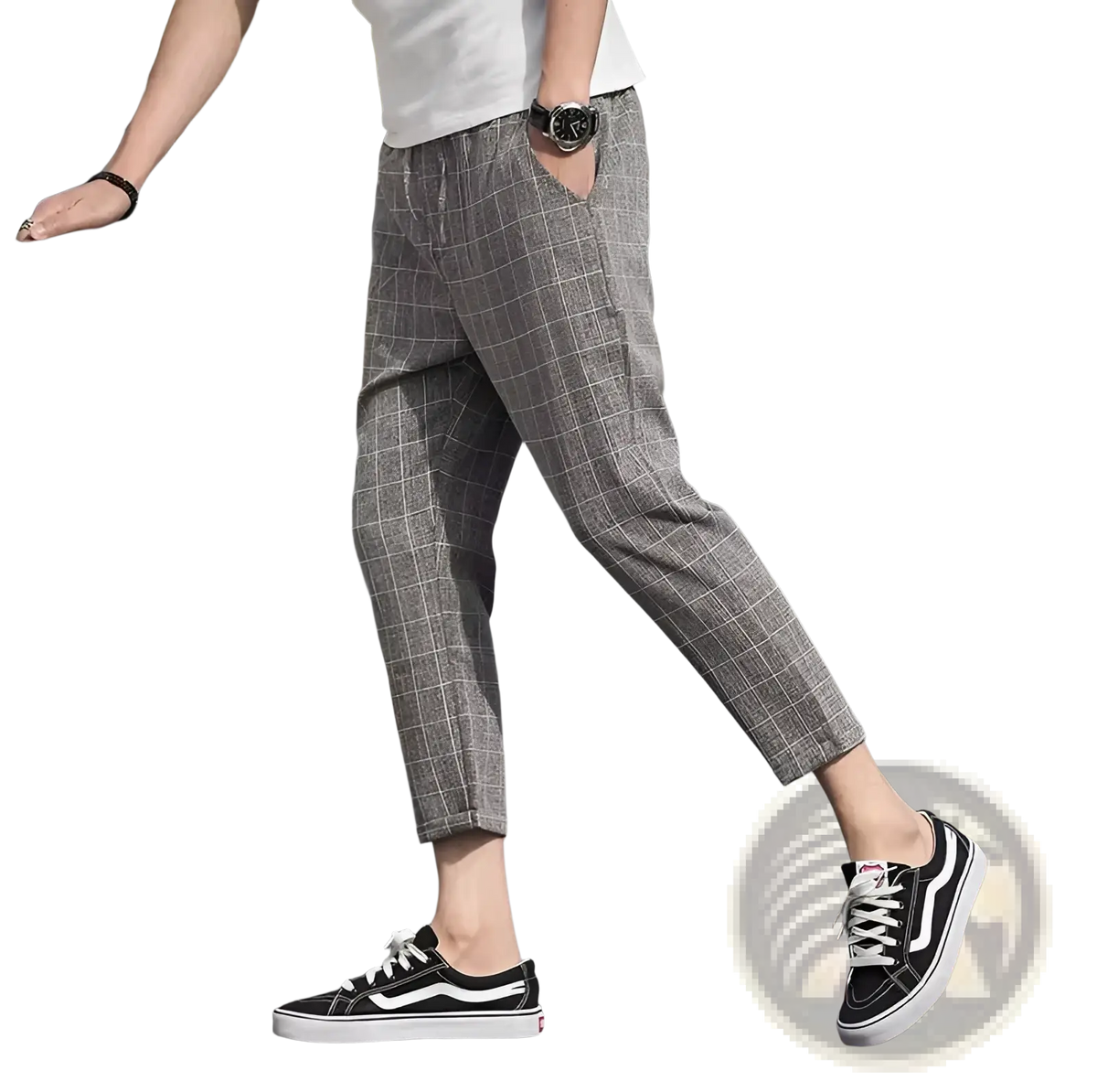 Men ice silk business suit pants in gray plaid chino fabric with a relaxed fit and rolled cuffs for casual wear
