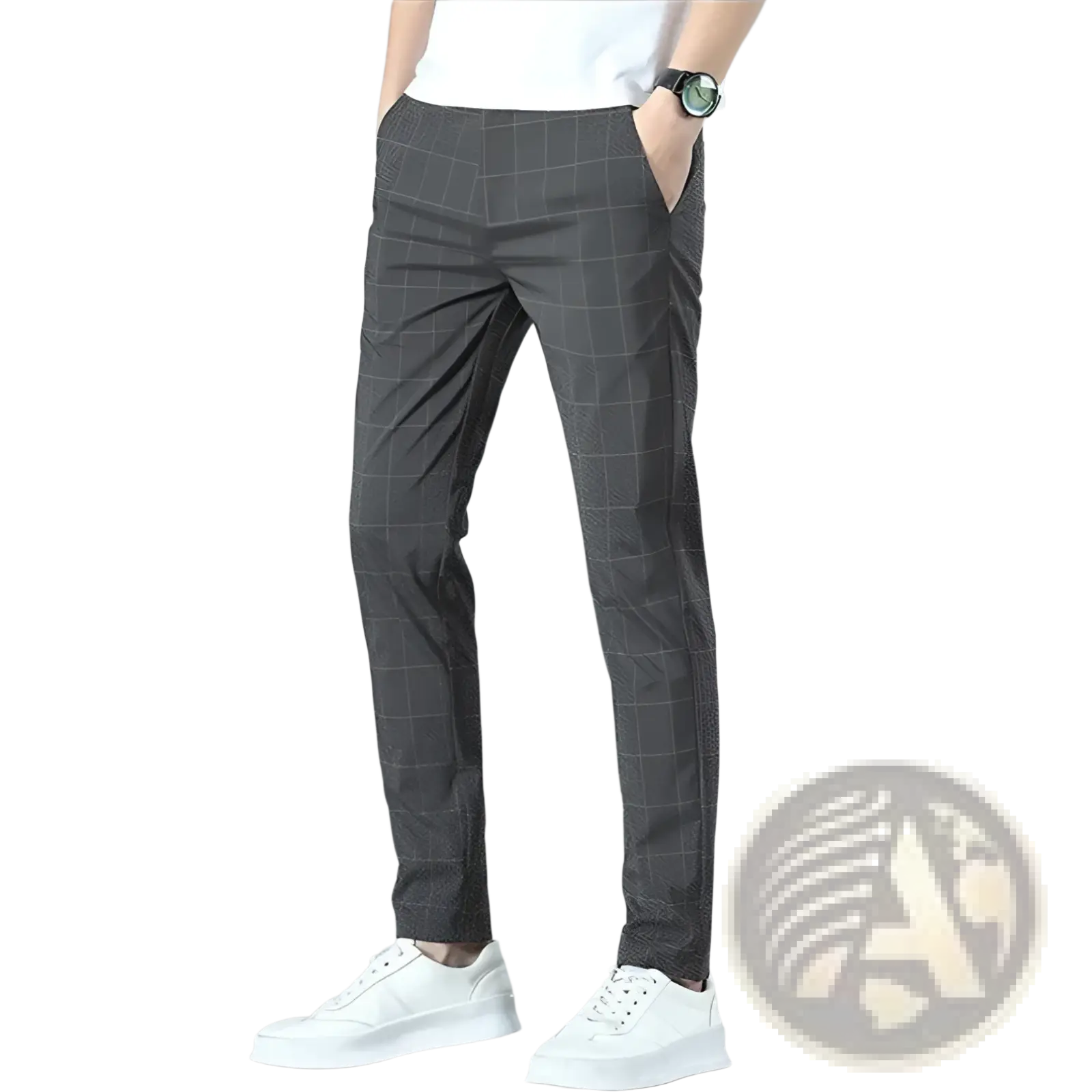 Men ice silk business suit pants casual trousers in dark gray with a subtle checkered pattern made of smooth fabric