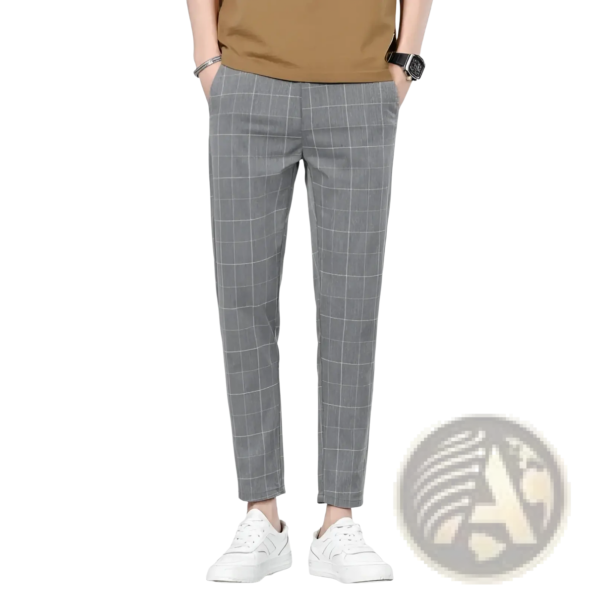 Men ice silk gray plaid chino business suit pants with slim fit tapered legs for casual wear