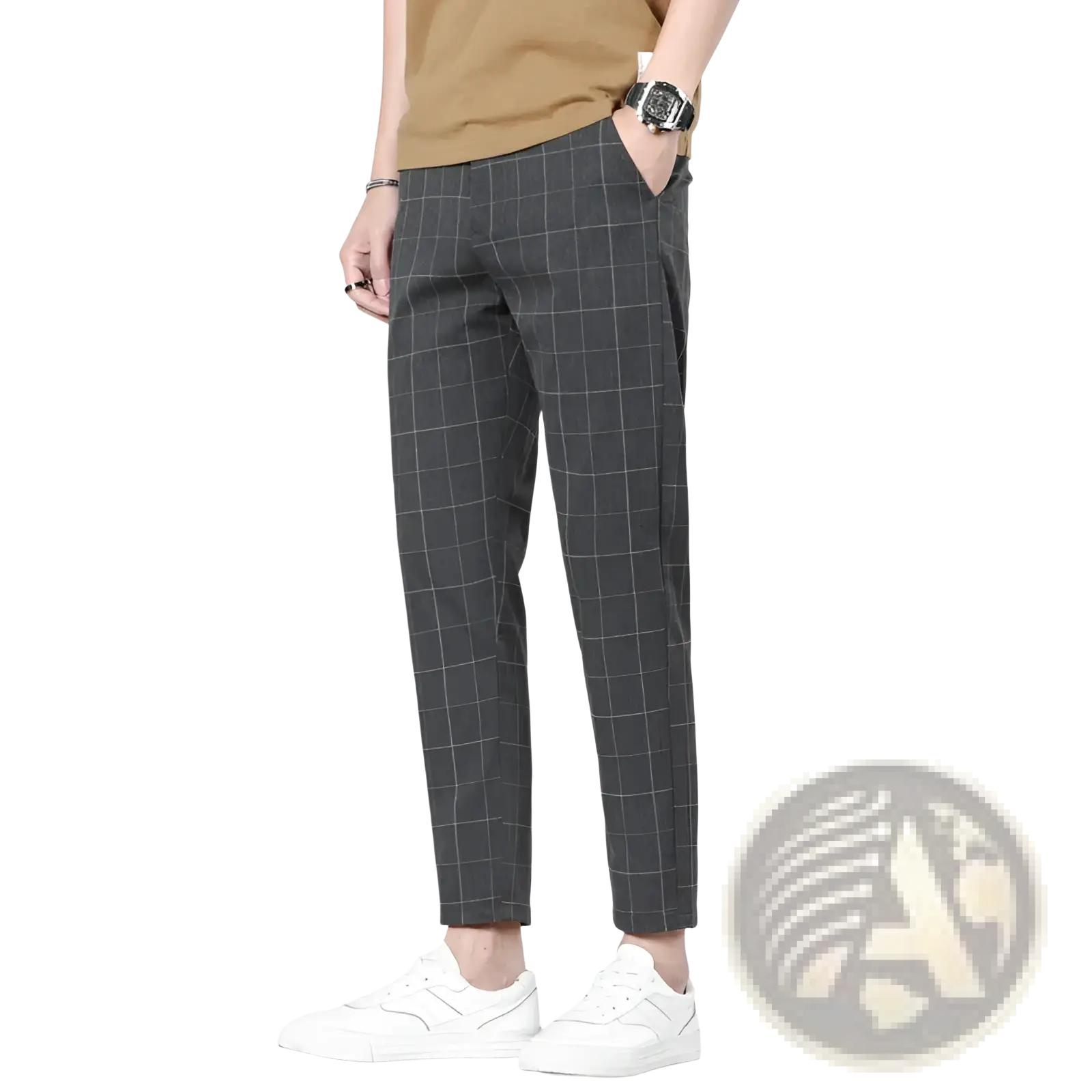 Men ice silk business suit pants in dark gray with a subtle white grid pattern made from smooth lightweight fabric