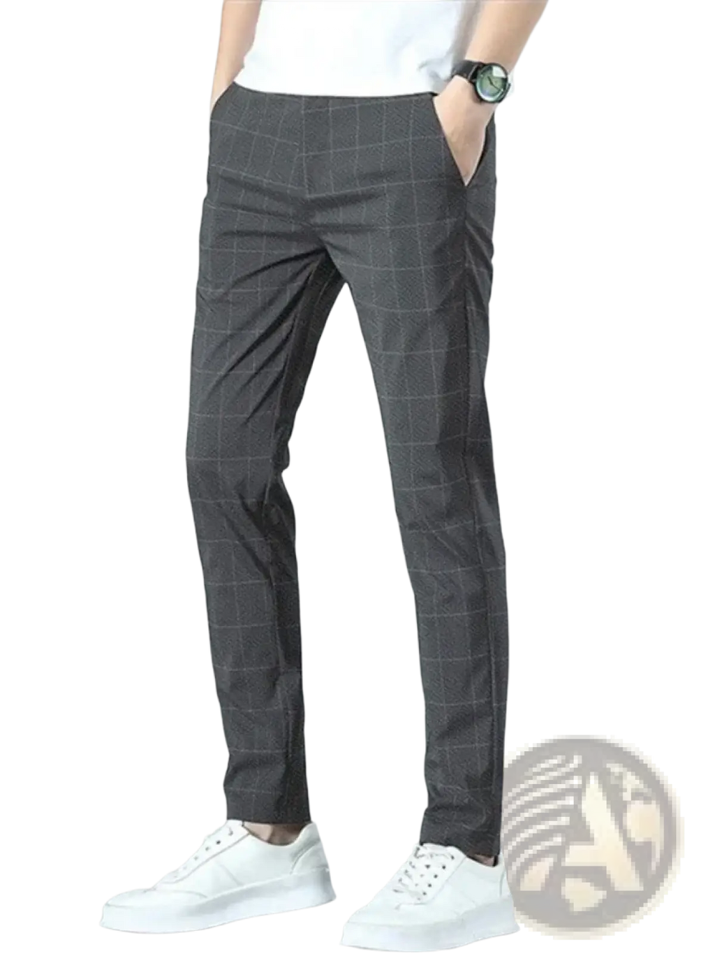 Men ice silk business suit trousers in dark gray plaid with slim fit and subtle texture for casual wear