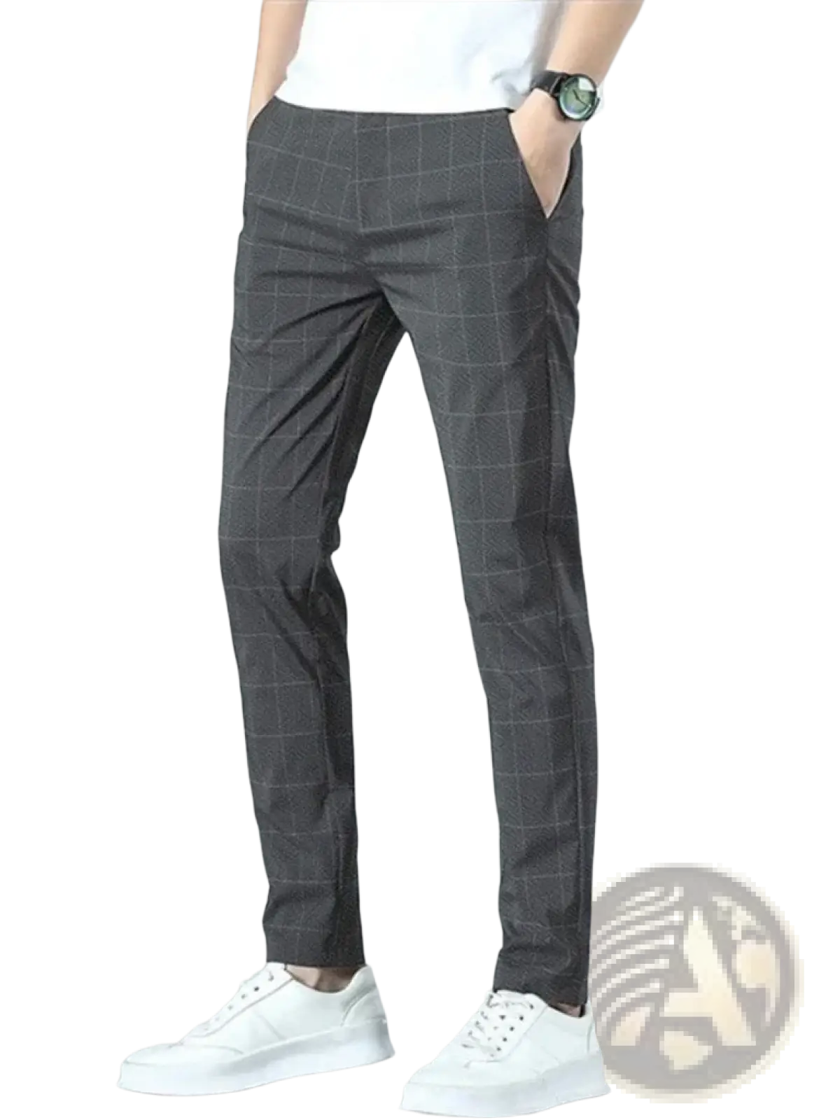 Men ice silk business suit trousers in dark gray plaid with slim fit and subtle texture for casual wear