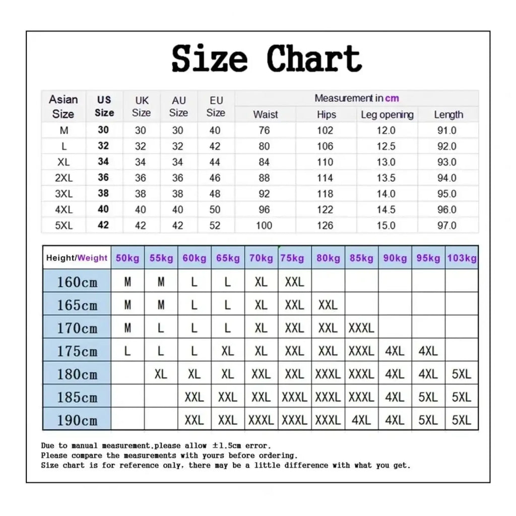 Size chart for men ice silk business suit pants showing asian, US, UK, AU, EU sizes with height and weight guide