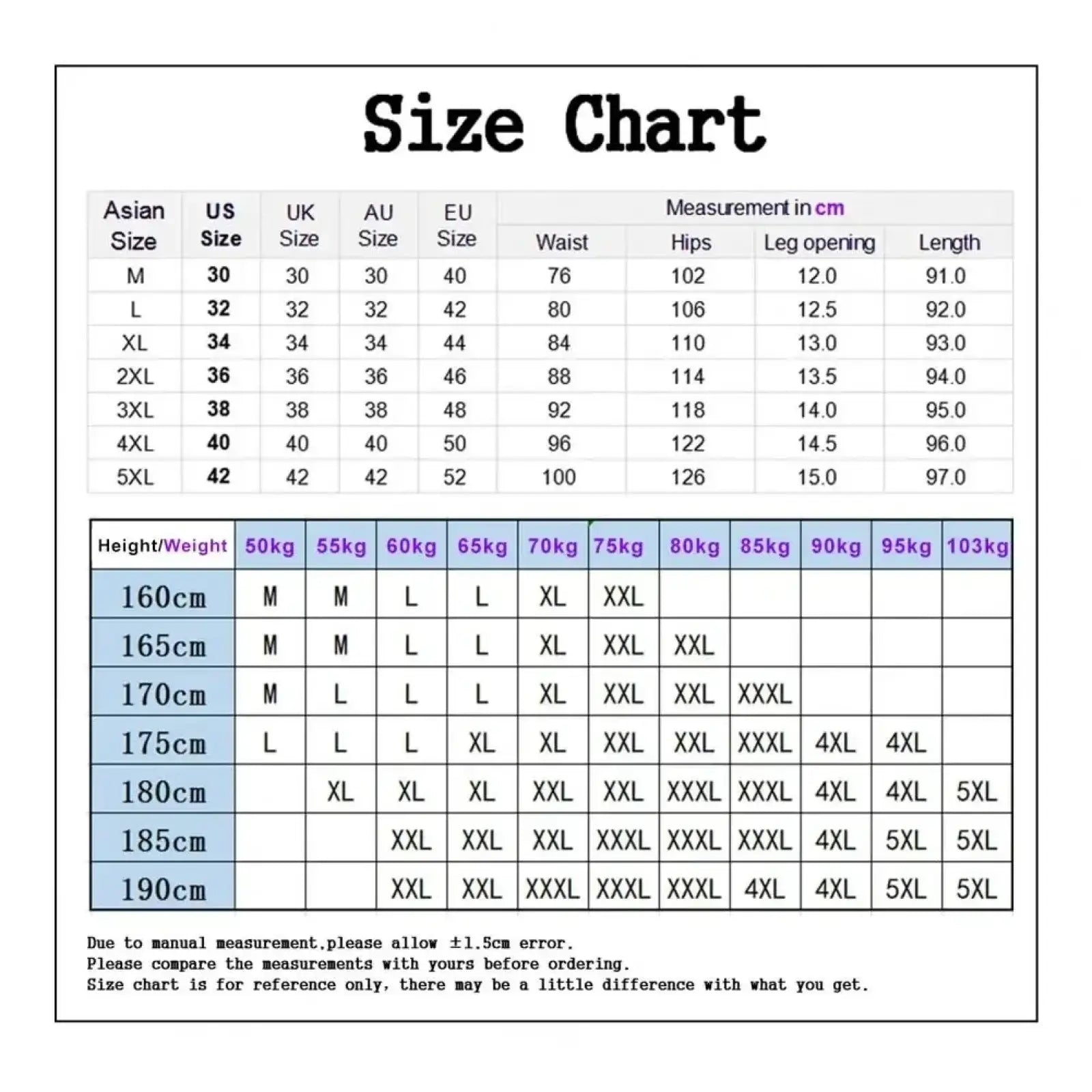 Size chart for men ice silk business suit pants showing asian, US, UK, AU, EU sizes with height and weight guide