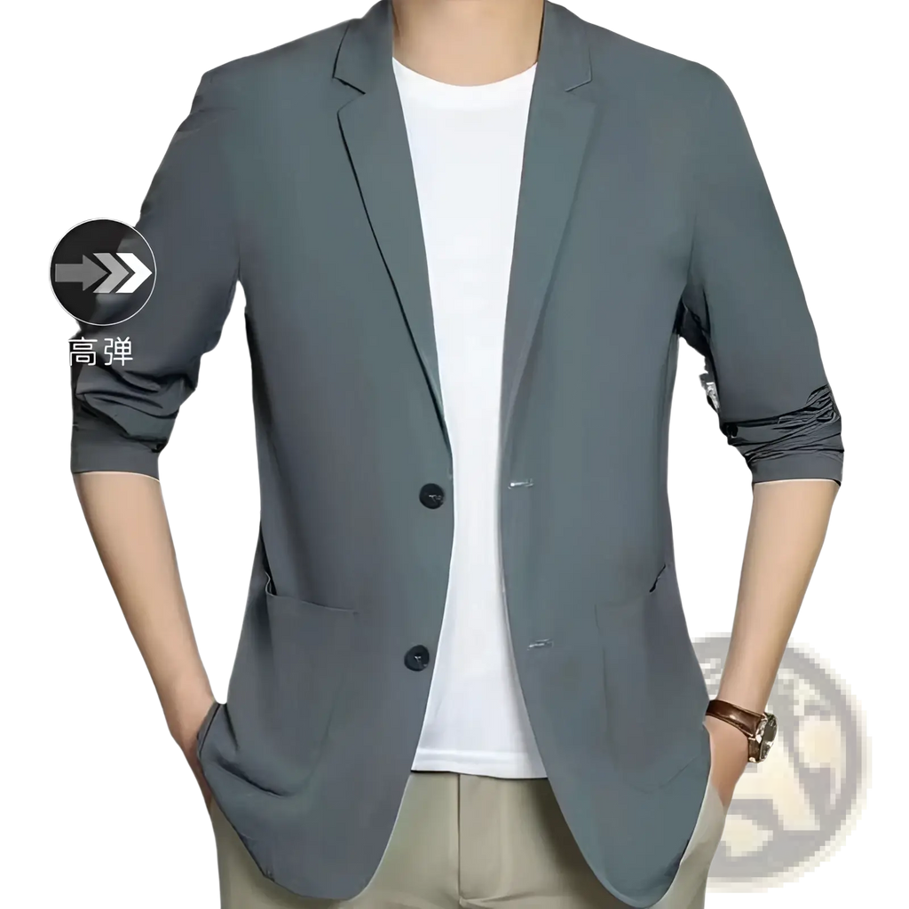 Gray men ice silk casual blazer coat with three-quarter sleeves and black buttons for sun protection