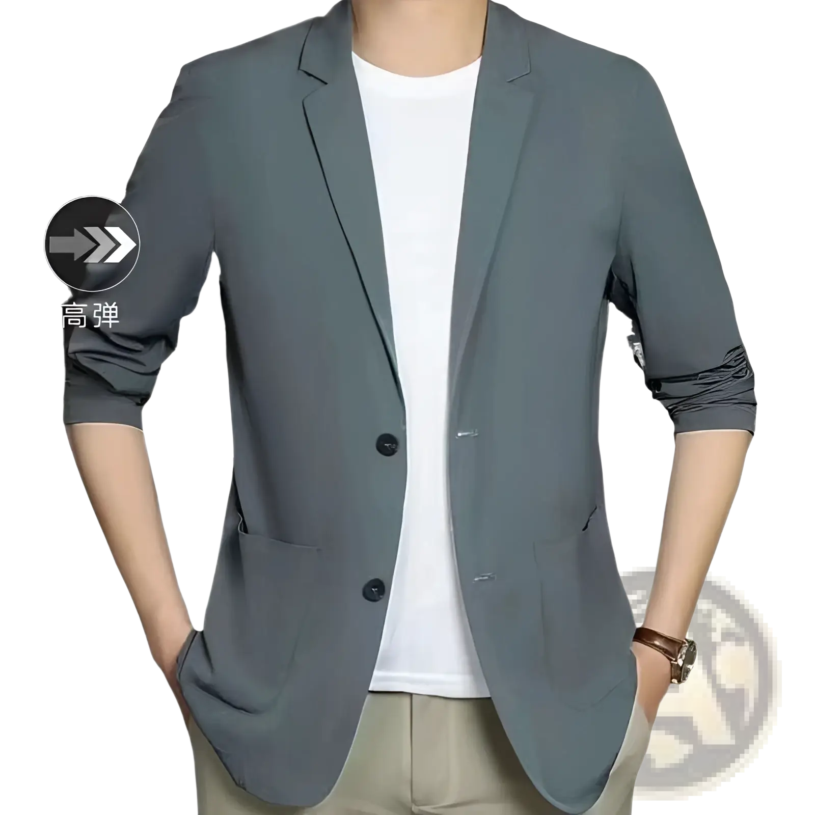 Gray men ice silk casual blazer coat with three-quarter sleeves and black buttons for sun protection