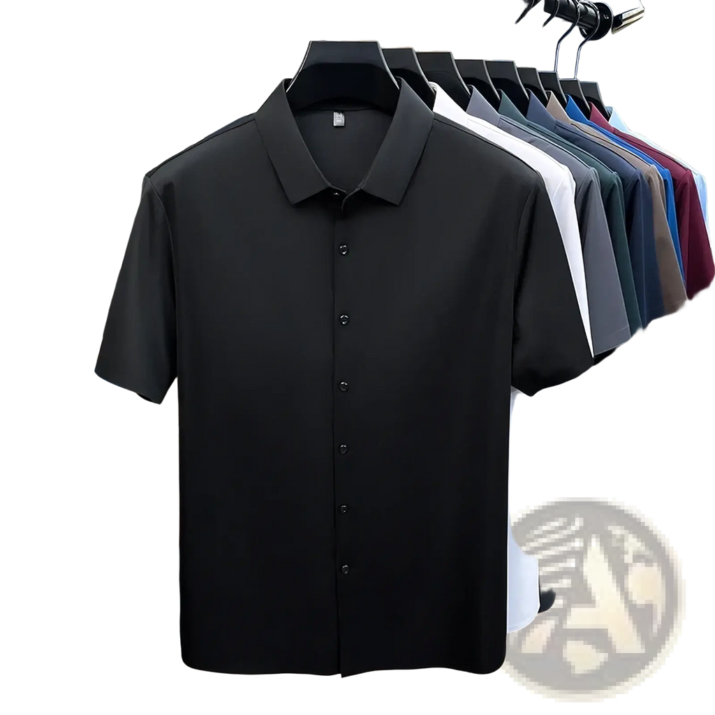 Men ice silk short sleeve dress shirt in black with a crisp collar and matching buttons in a polo style