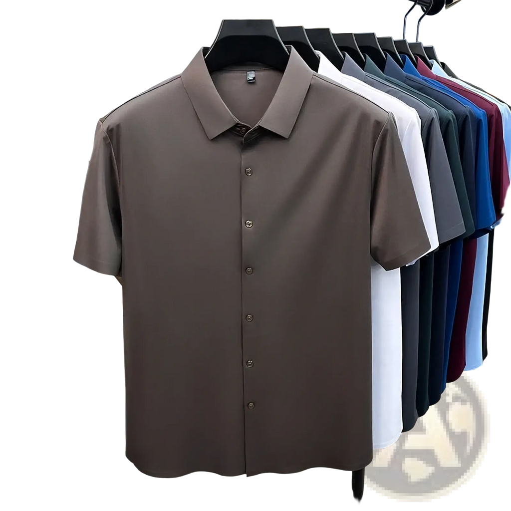 Brown men ice silk short sleeve dress shirt with classic collar and matching buttons for formal wear