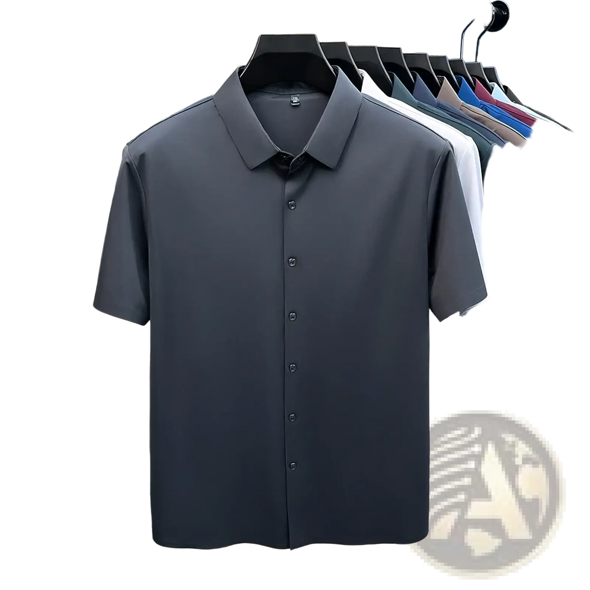 Dark gray men ice silk short sleeve dress shirt with classic collar and button-front design made of breathable fabric