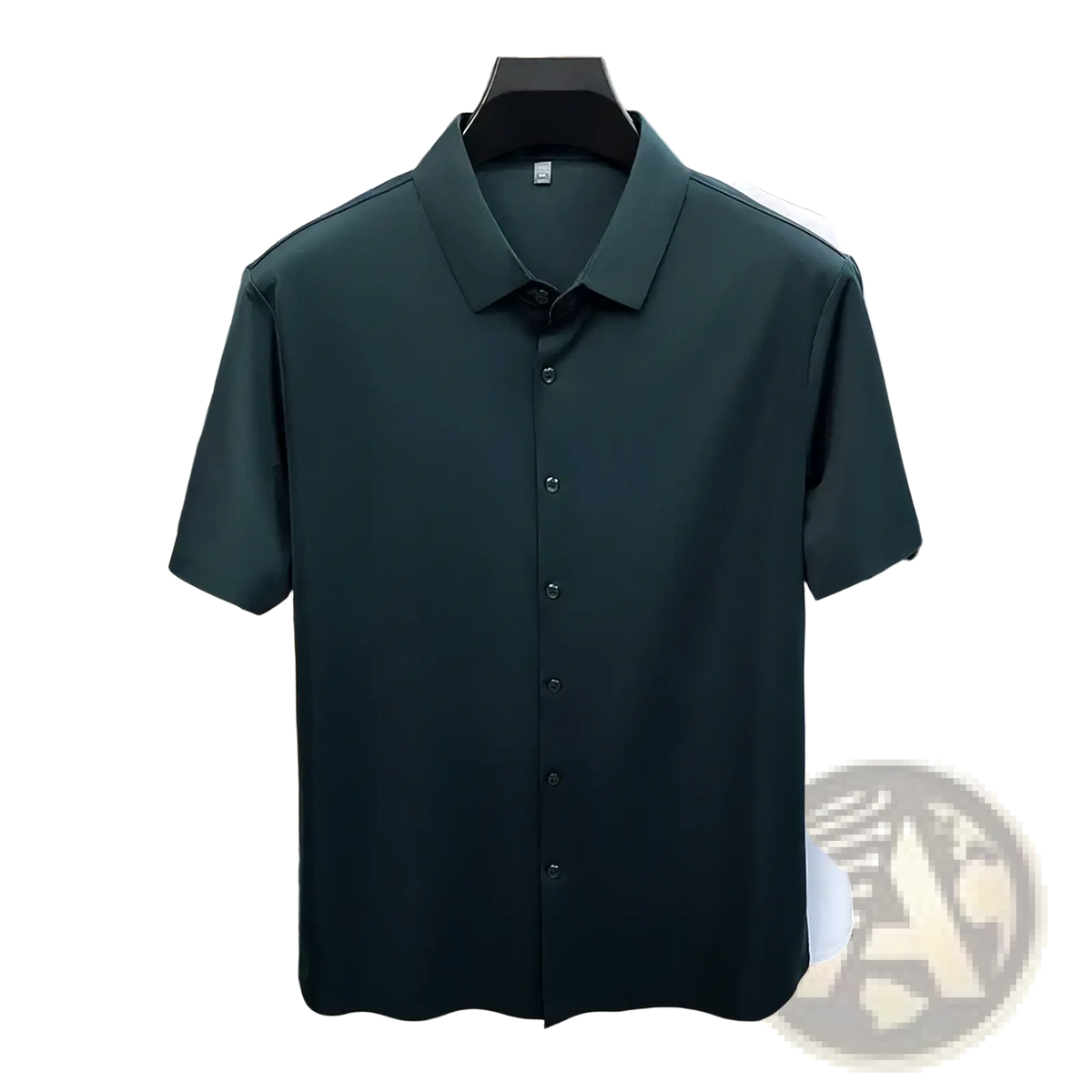 Dark green men ice silk short sleeve dress shirt with classic collar and button-front design