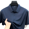 Men ice silk short sleeve dress shirt in dark navy blue with a crisp collar and subtle white stripe on the sleeve