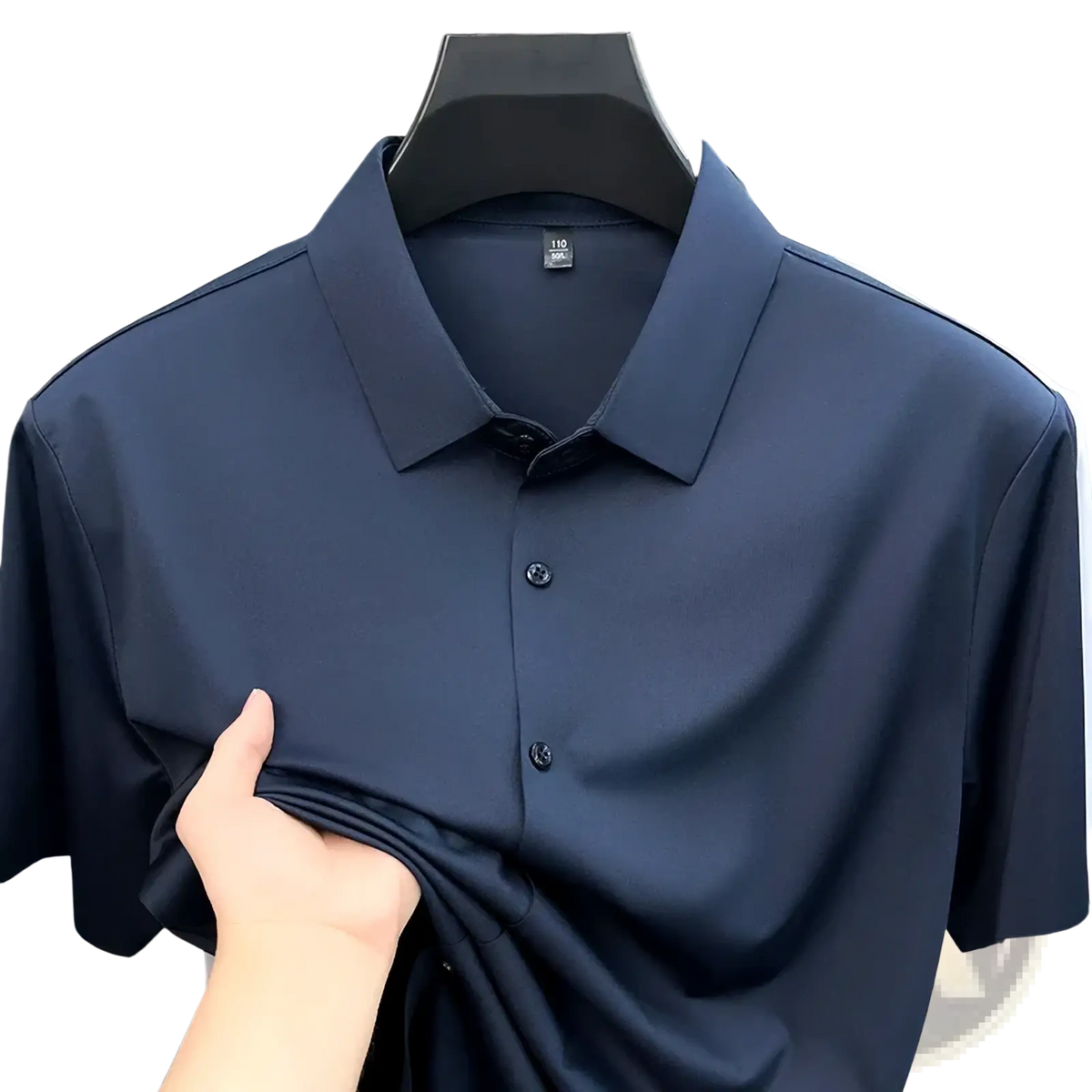 Men ice silk short sleeve dress shirt in dark navy blue with a crisp collar and subtle white stripe on the sleeve