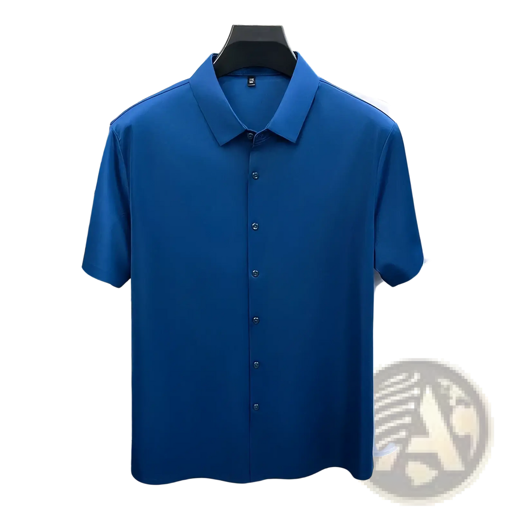 A vibrant royal blue men ice silk short sleeve dress shirt with classic collar and black buttons on a mannequin