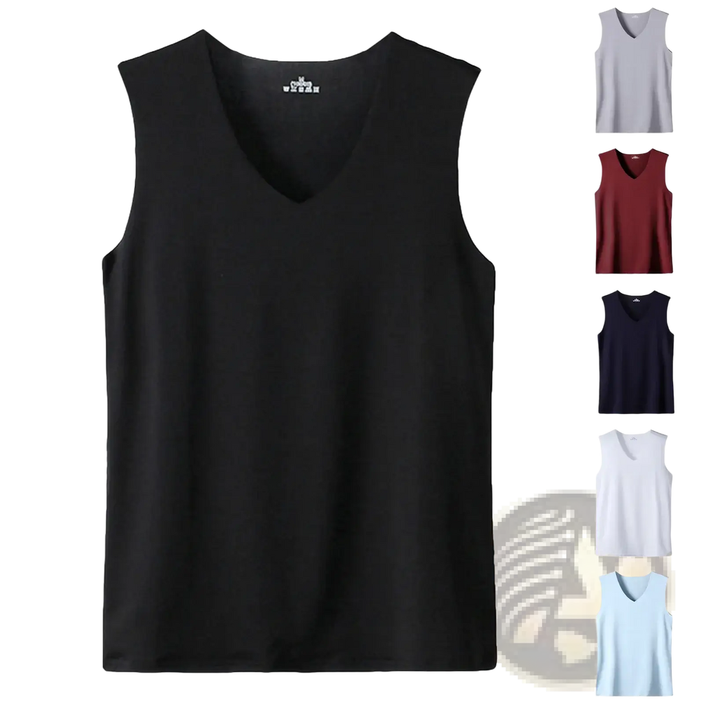 Men ice silk v-neck sleeveless tank top in black made of smooth lightweight fabric ideal for warm weather