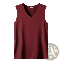 A maroon men ice silk v neck sleeveless tank top made of smooth lightweight fabric for casual wear