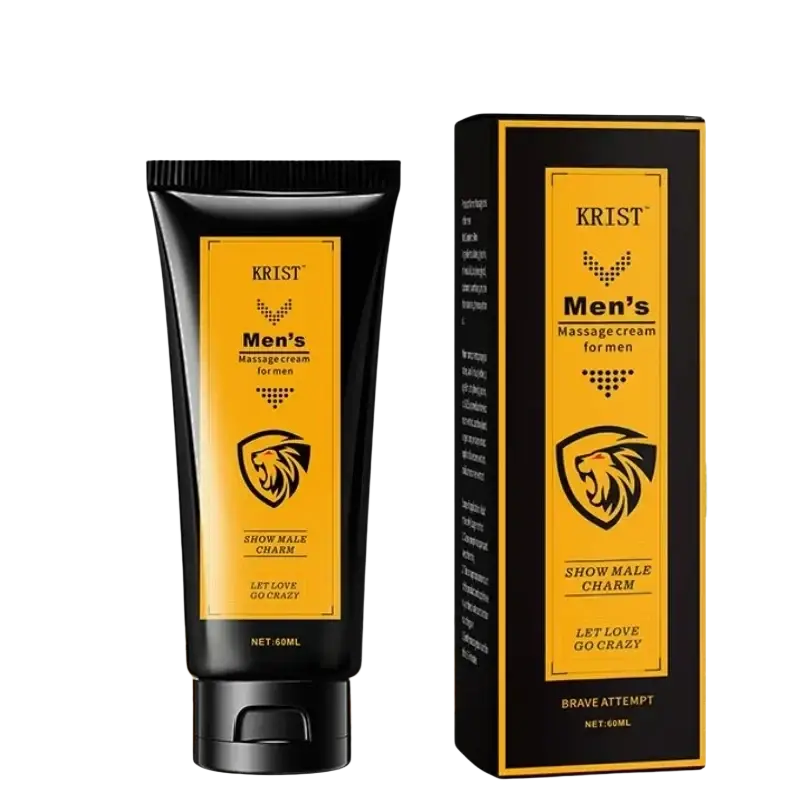 Black tube and matching box of krist men intimate care massage cream 60ml with bold yellow labels and lion emblem highlighting shelf life