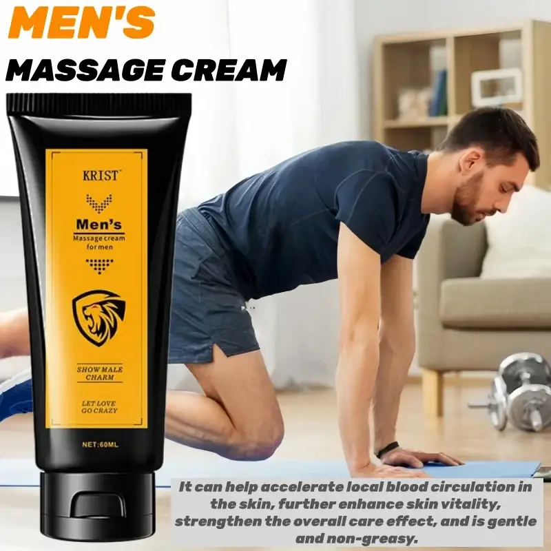 Black tube of krist men intimate care massage cream 60ml with gold lion label highlighting shelf life benefits