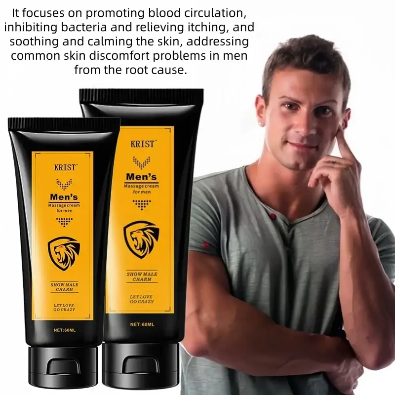 Black tube of krist men intimate care massage cream 60ml with yellow lion label highlighting shelf life and care benefits